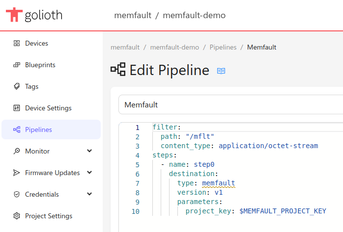 Memfault and Golioth Pipelines Integration
