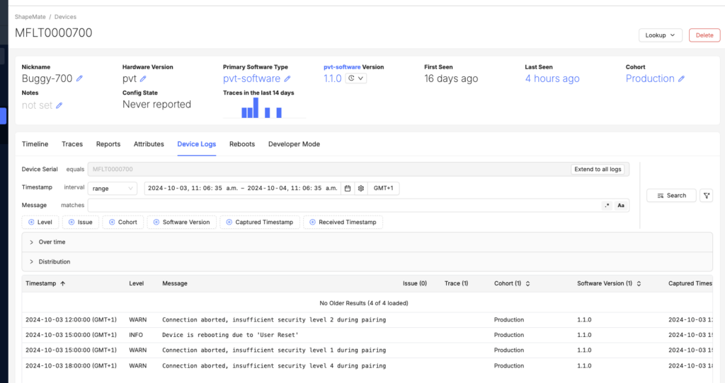 Log Management for Embedded Devices: View logs within a time range.